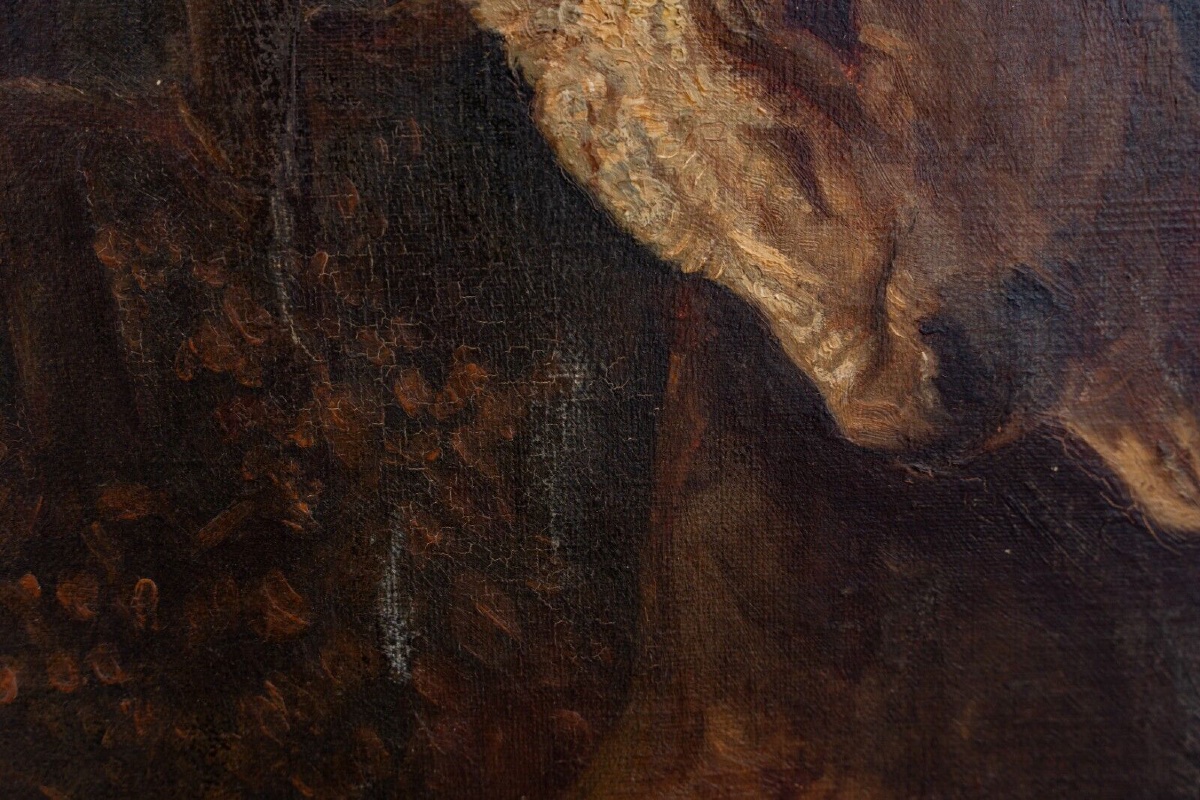 Oil On Canvas Bull Rubbing Itself Against A Tree After Brascassat-photo-5