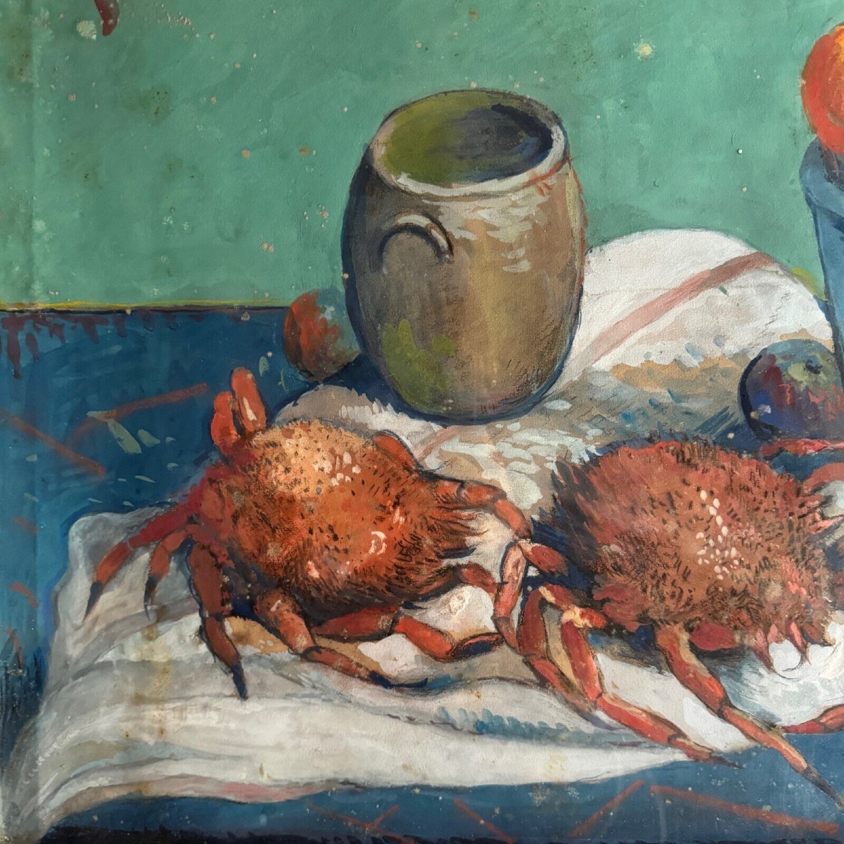 Watercolor On Paper By E. Legros 1956 Still Life With Crabs-photo-4