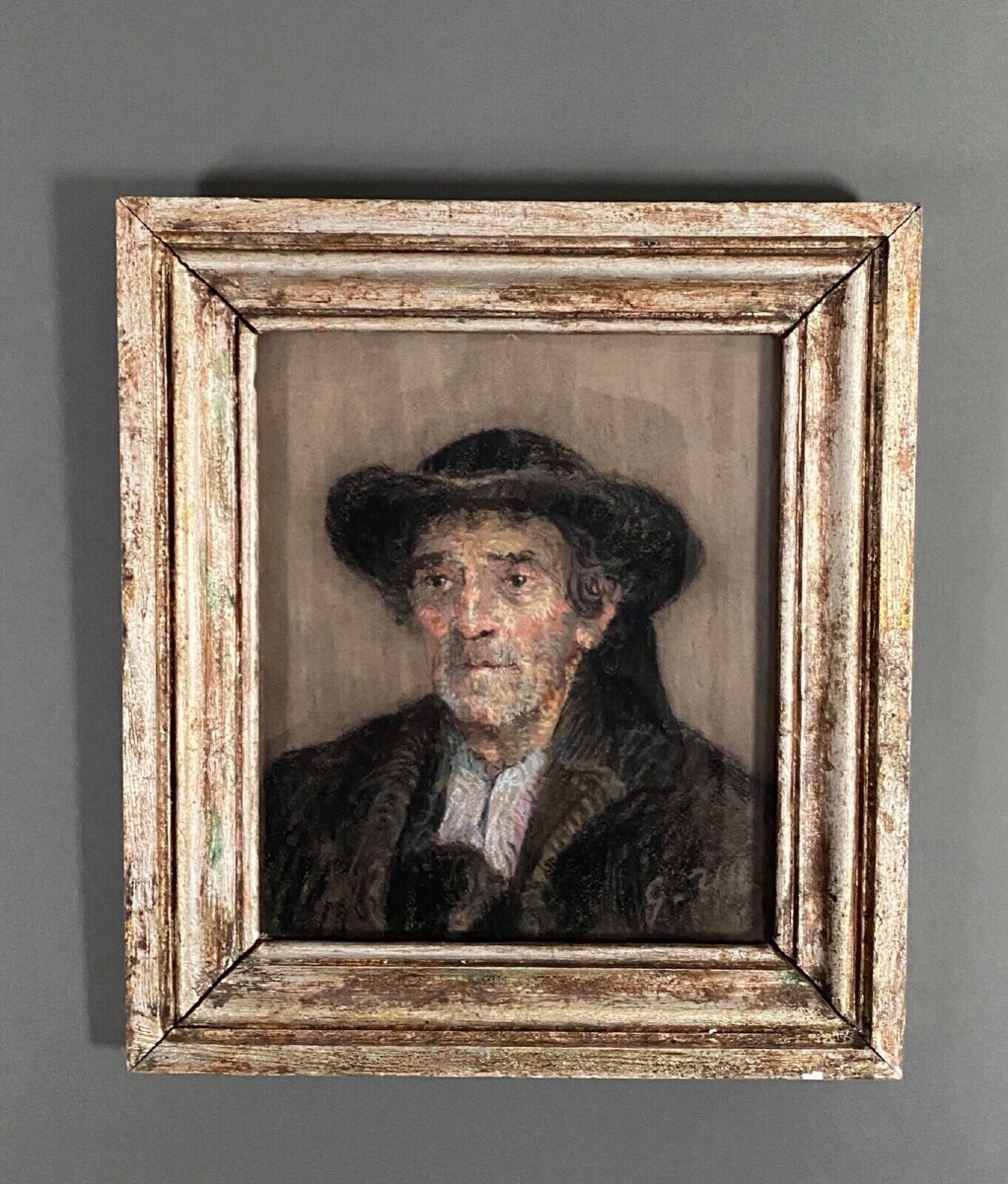 Pastel Representing A Breton By G. Rio 1920 Whitewashed Frame