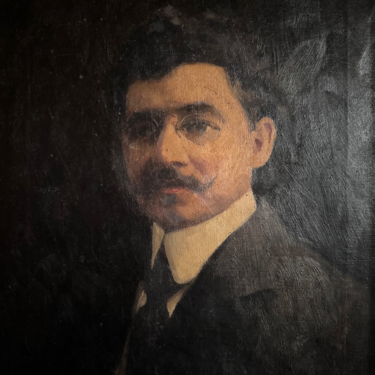 Oil On Canvas Portrait Of A Man Wearing Glasses And A Mustache, Early 20th Century-photo-2