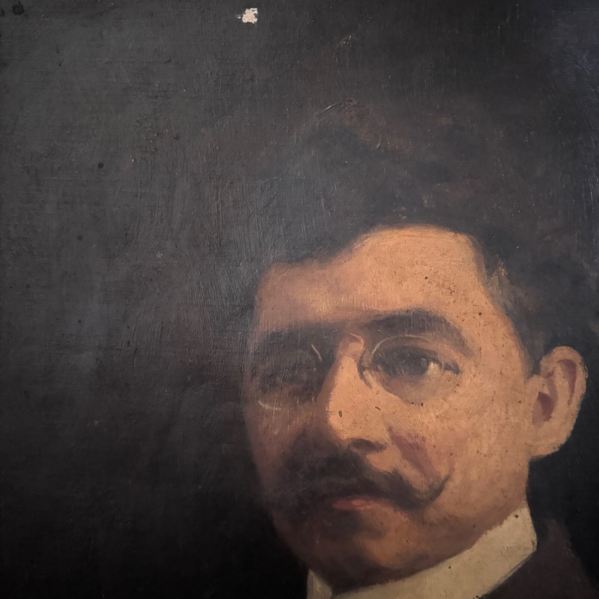 Oil On Canvas Portrait Of A Man Wearing Glasses And A Mustache, Early 20th Century-photo-5