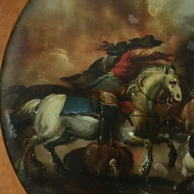 Miniature sous verre scène de bataille chevaux XIXe cadre en bois-photo-4