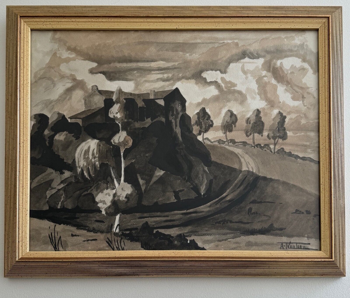 Aquarelle sur papier André-Charles Nauleau paysage avec chemin XXe-photo-2