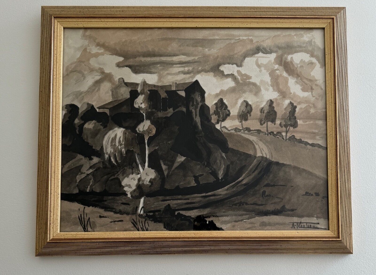 Aquarelle sur papier André-Charles Nauleau paysage avec chemin XXe-photo-4