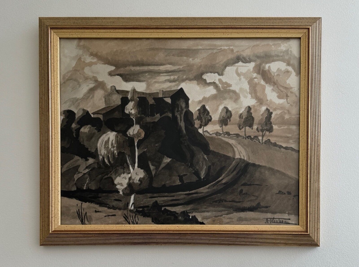 Aquarelle sur papier André-Charles Nauleau paysage avec chemin XXe-photo-1