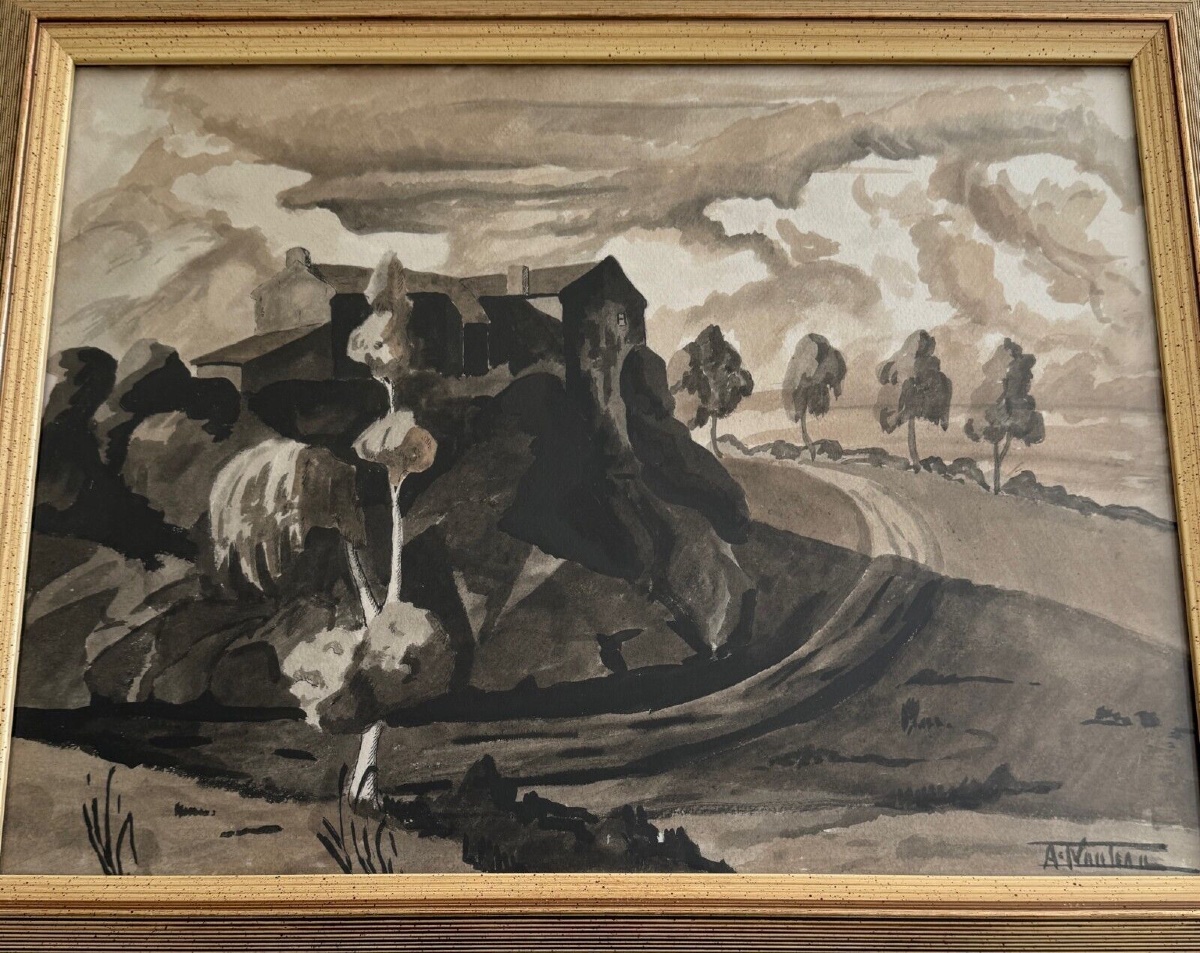 Aquarelle sur papier André-Charles Nauleau paysage avec chemin XXe-photo-2
