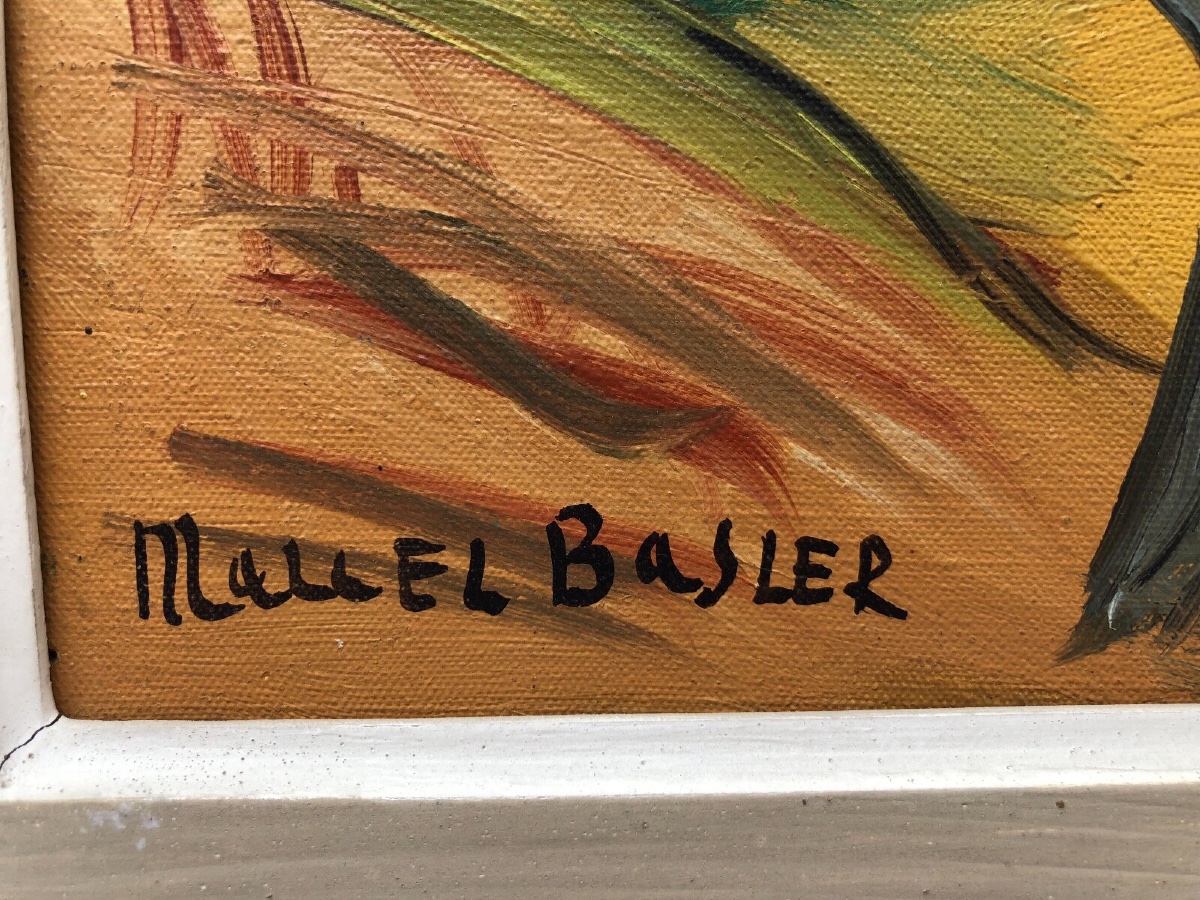 Marcel Basler Oil On Canvas Abstract Landscape 1955 Whitewashed Frame Dedication-photo-3