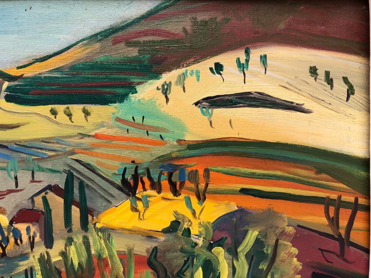 Marcel Basler Oil On Canvas Abstract Landscape 1955 Whitewashed Frame Dedication-photo-3