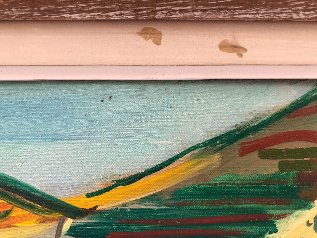 Marcel Basler Oil On Canvas Abstract Landscape 1955 Whitewashed Frame Dedication-photo-4