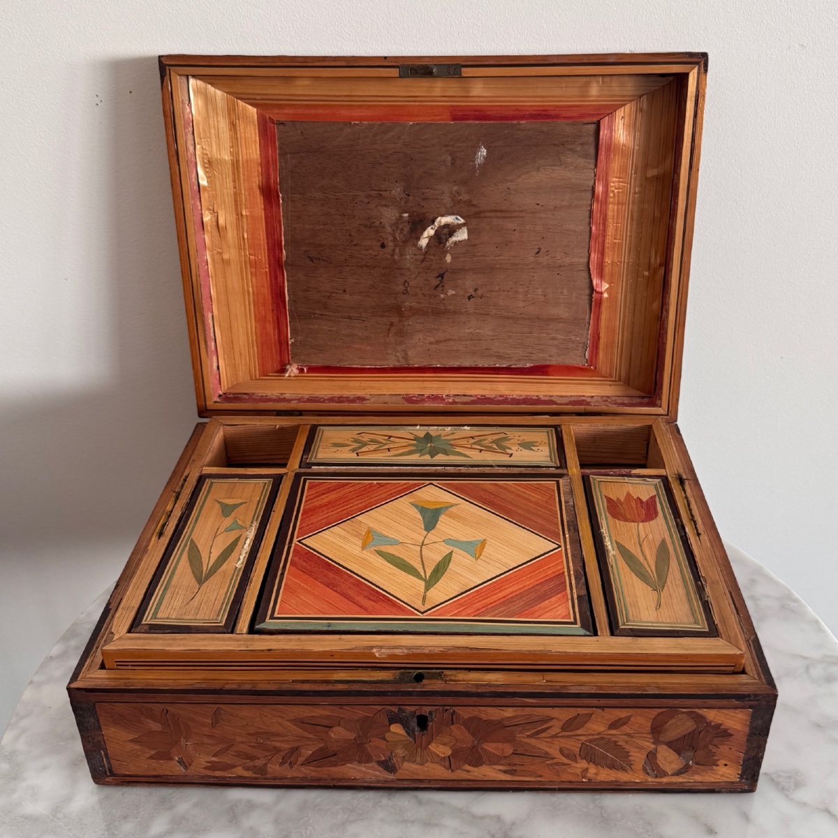 Straw Marquetry Work Box, Early 19th Century, Antique Decor-photo-4