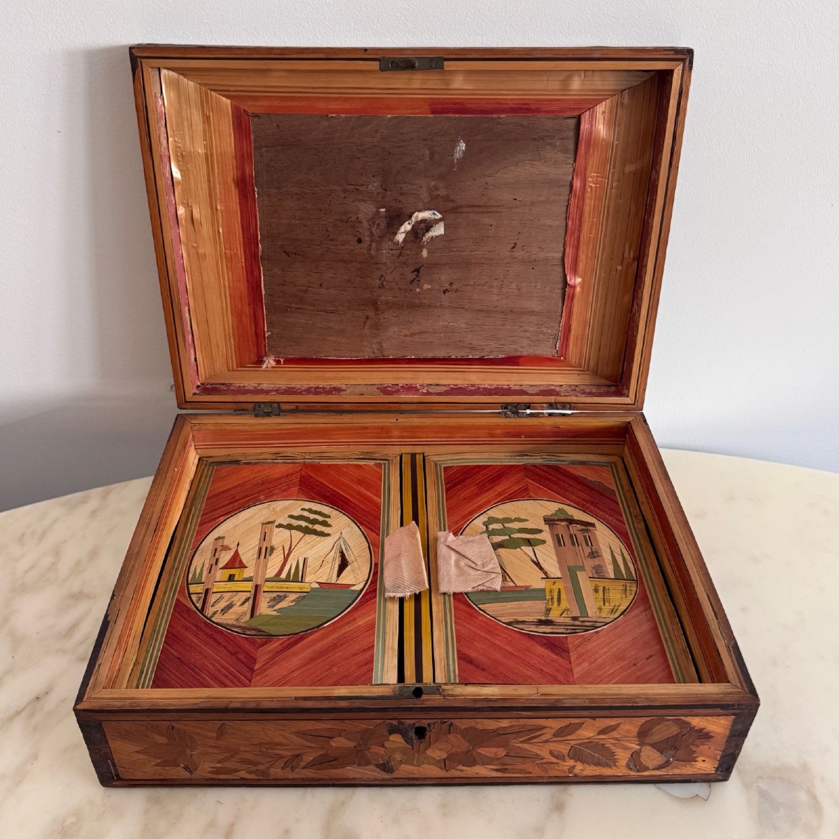 Straw Marquetry Work Box, Early 19th Century, Antique Decor-photo-3