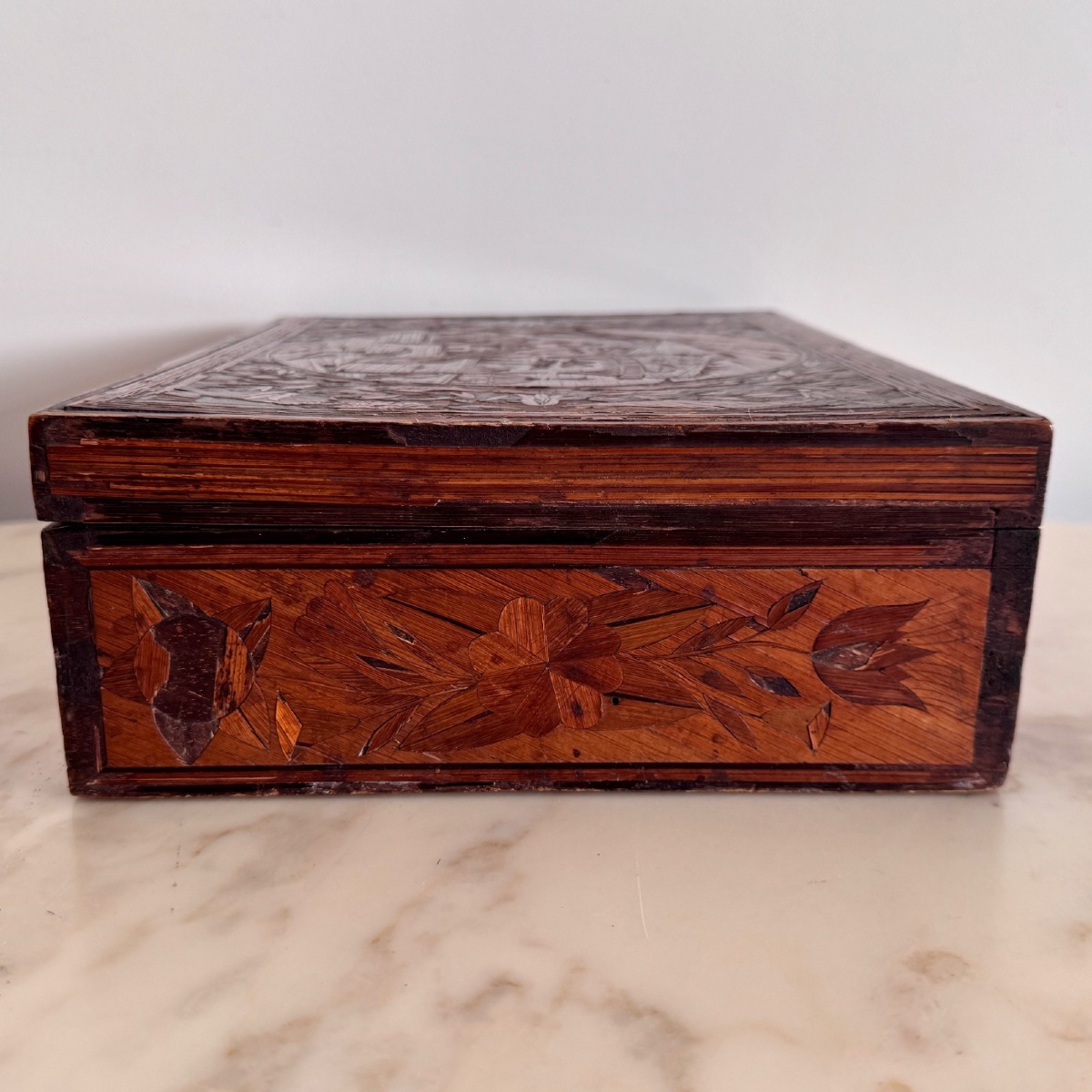 Straw Marquetry Work Box, Early 19th Century, Antique Decor-photo-5