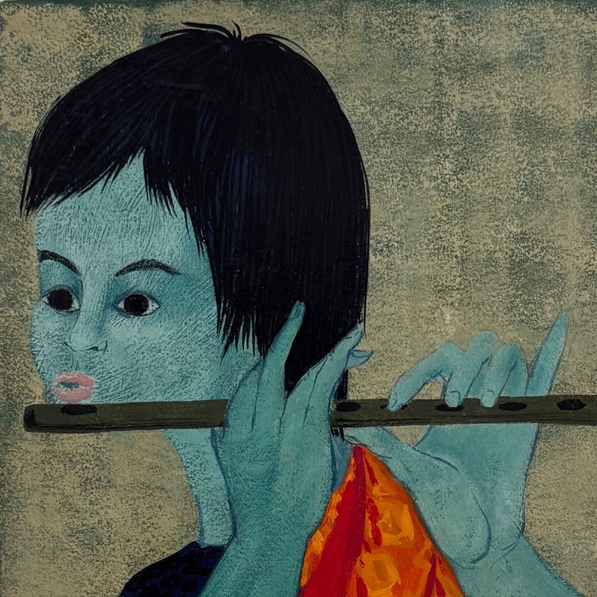 Acrylique sur papier joueur de flûte par Tran Long XXe-photo-4