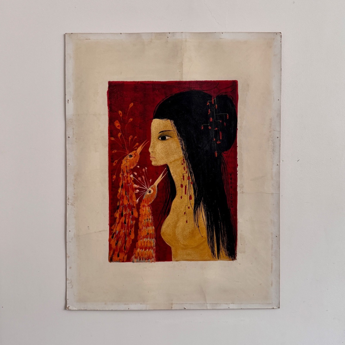 Acrylic On Paper Young Naked Girl With Peacock Heads By Tran Long 20th Century-photo-2