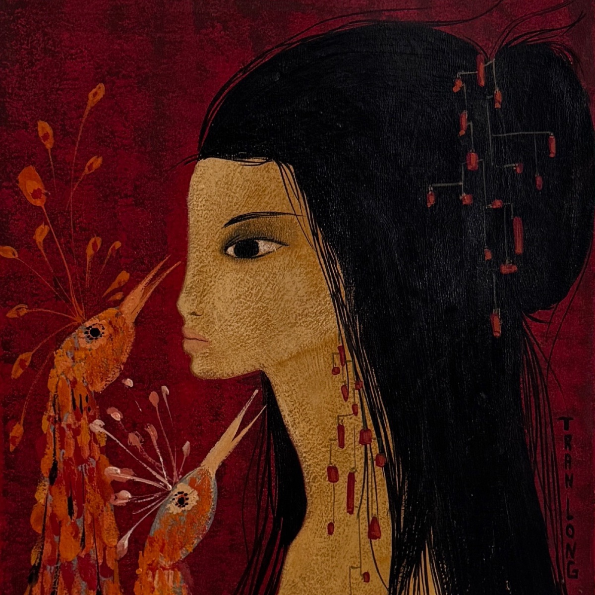 Acrylic On Paper Young Naked Girl With Peacock Heads By Tran Long 20th Century-photo-3