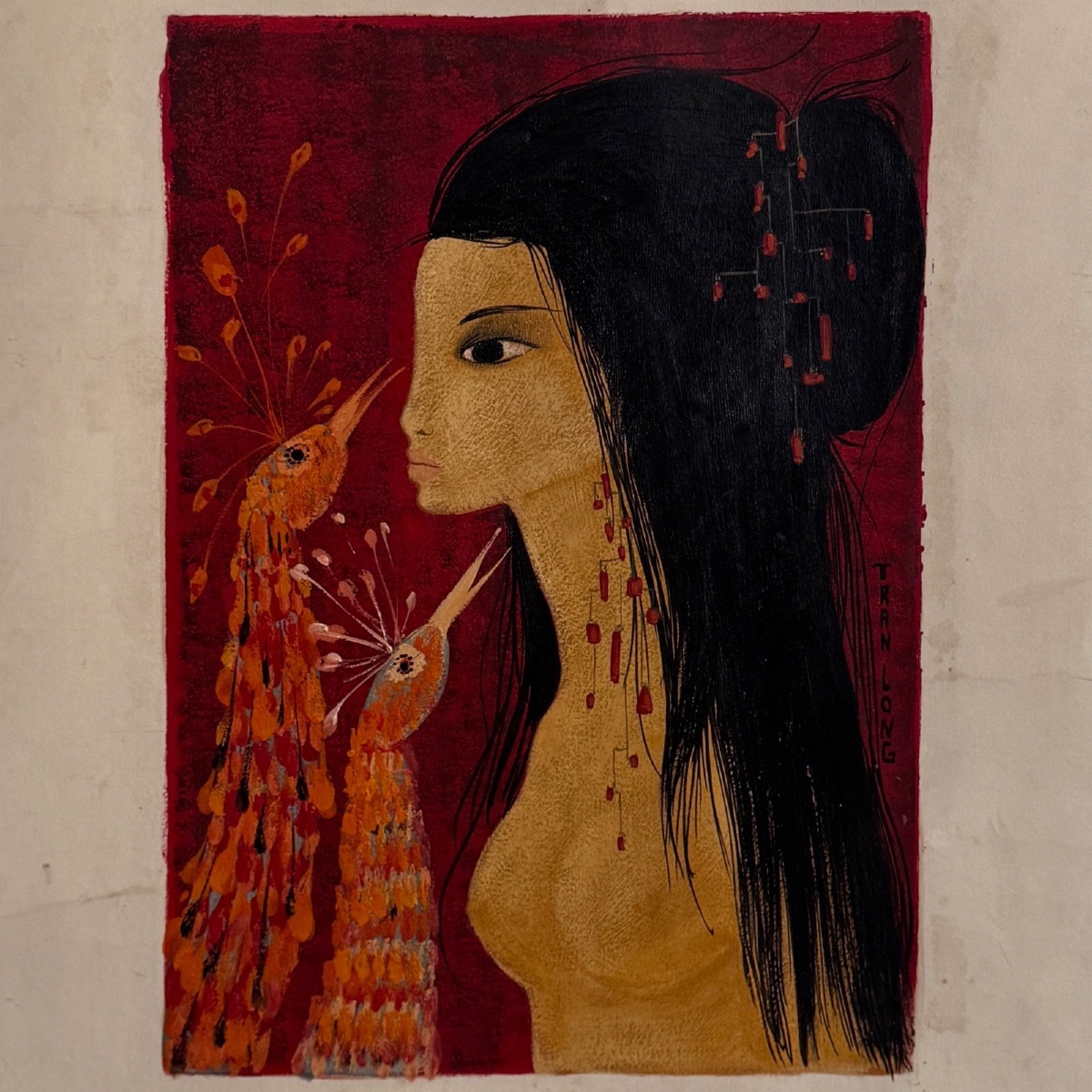 Acrylic On Paper Young Naked Girl With Peacock Heads By Tran Long 20th Century