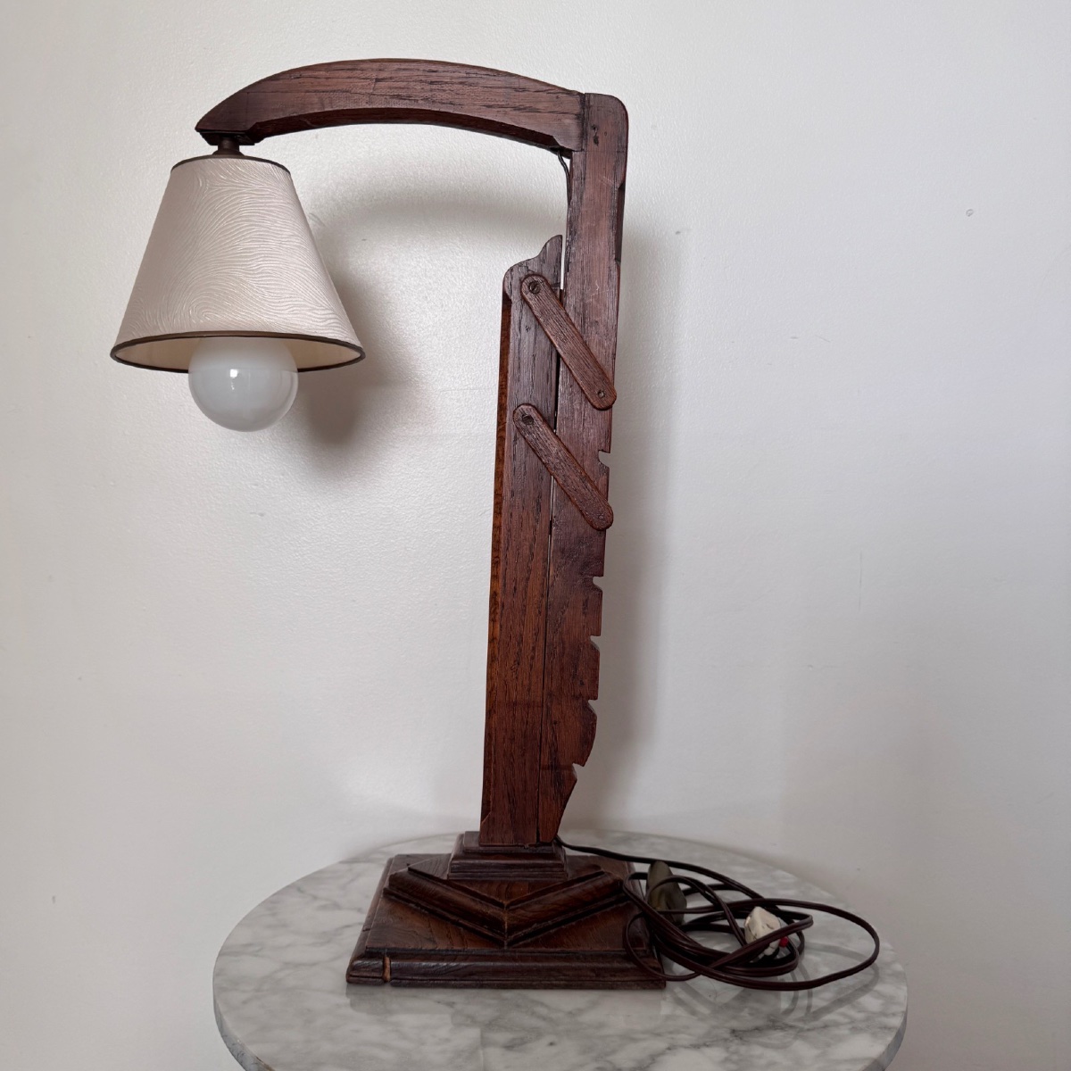 Lampe brutaliste à système en bois réglable avec abat-jour 1950-photo-2
