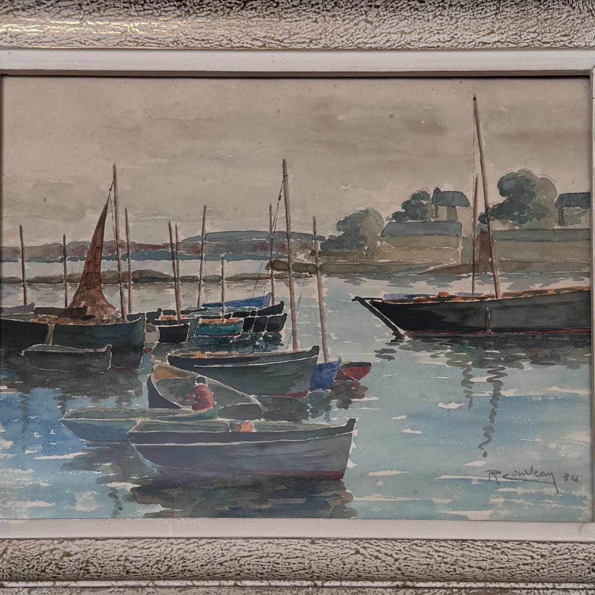 Aquarelle sur papier le port du Guet Douarnenez 1947 par R. Courteau-photo-2