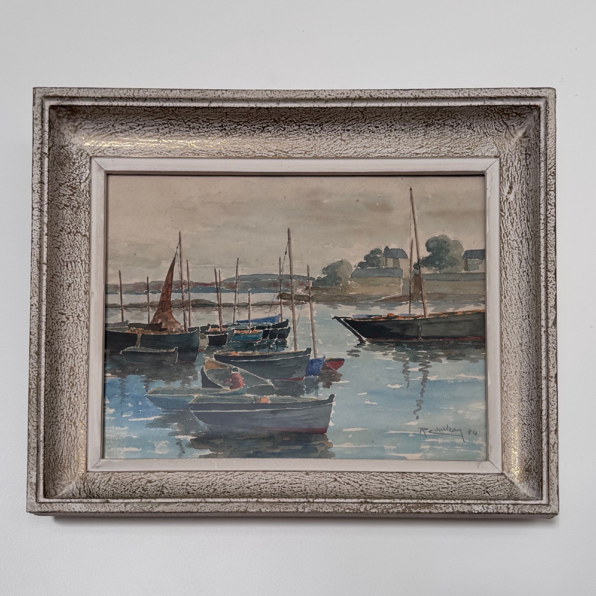 Aquarelle sur papier le port du Guet Douarnenez 1947 par R. Courteau-photo-3