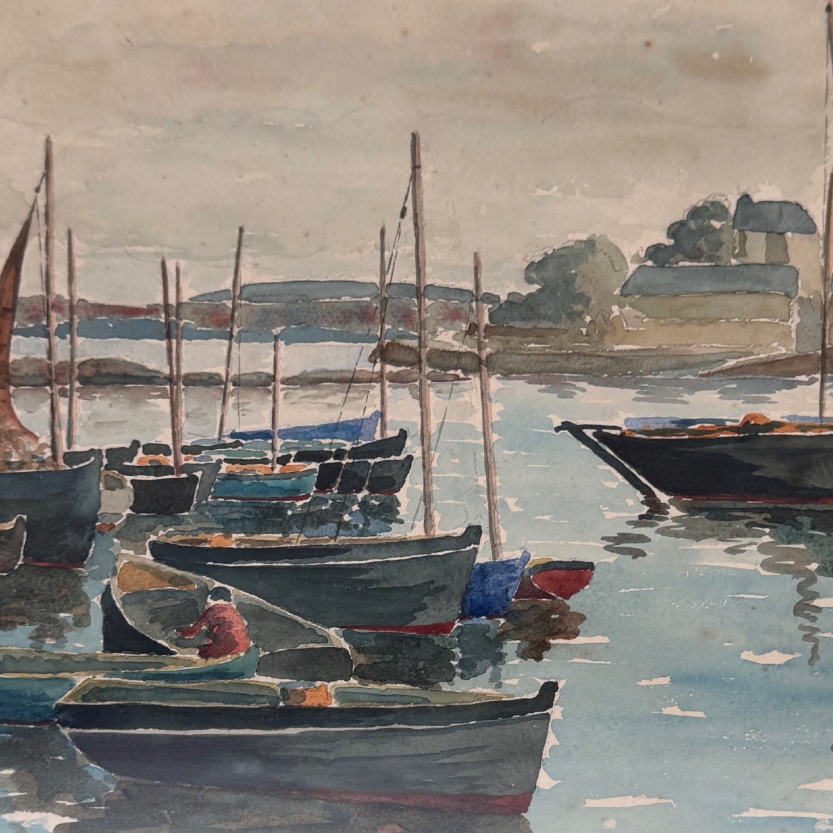 Aquarelle sur papier le port du Guet Douarnenez 1947 par R. Courteau-photo-1