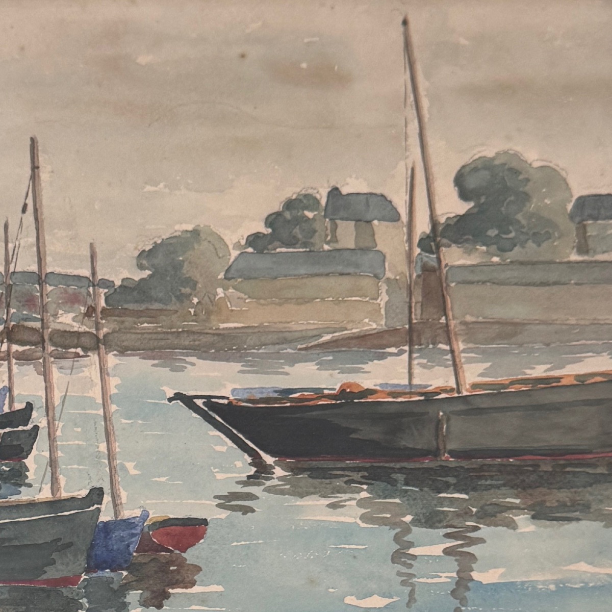 Aquarelle sur papier le port du Guet Douarnenez 1947 par R. Courteau-photo-2
