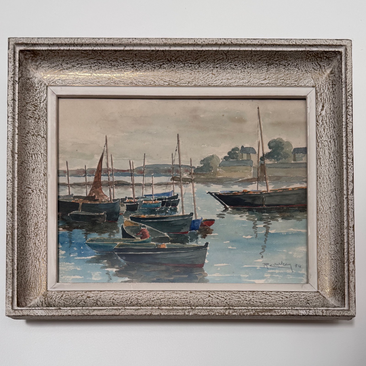 Aquarelle sur papier le port du Guet Douarnenez 1947 par R. Courteau