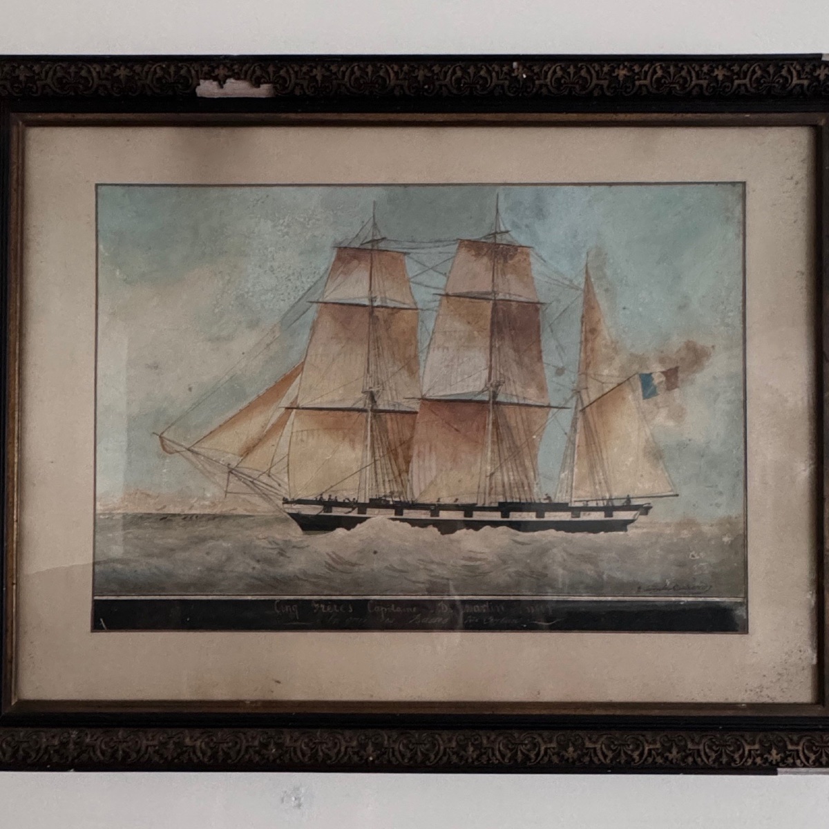 Aquarelle sur papier représentant un trois-mâts bateau français XIXe par Th. Cochard -photo-2