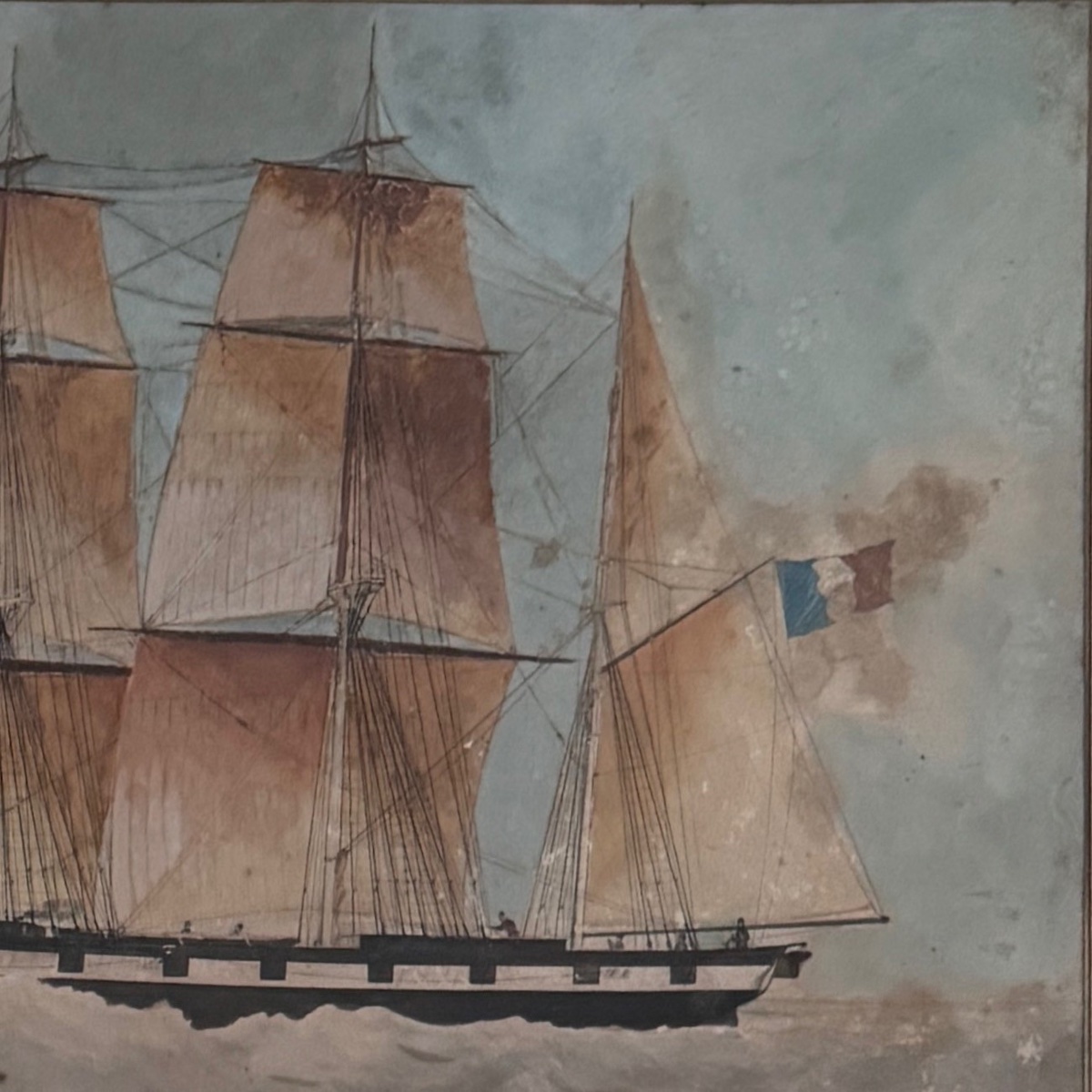 Aquarelle sur papier représentant un trois-mâts bateau français XIXe par Th. Cochard -photo-3