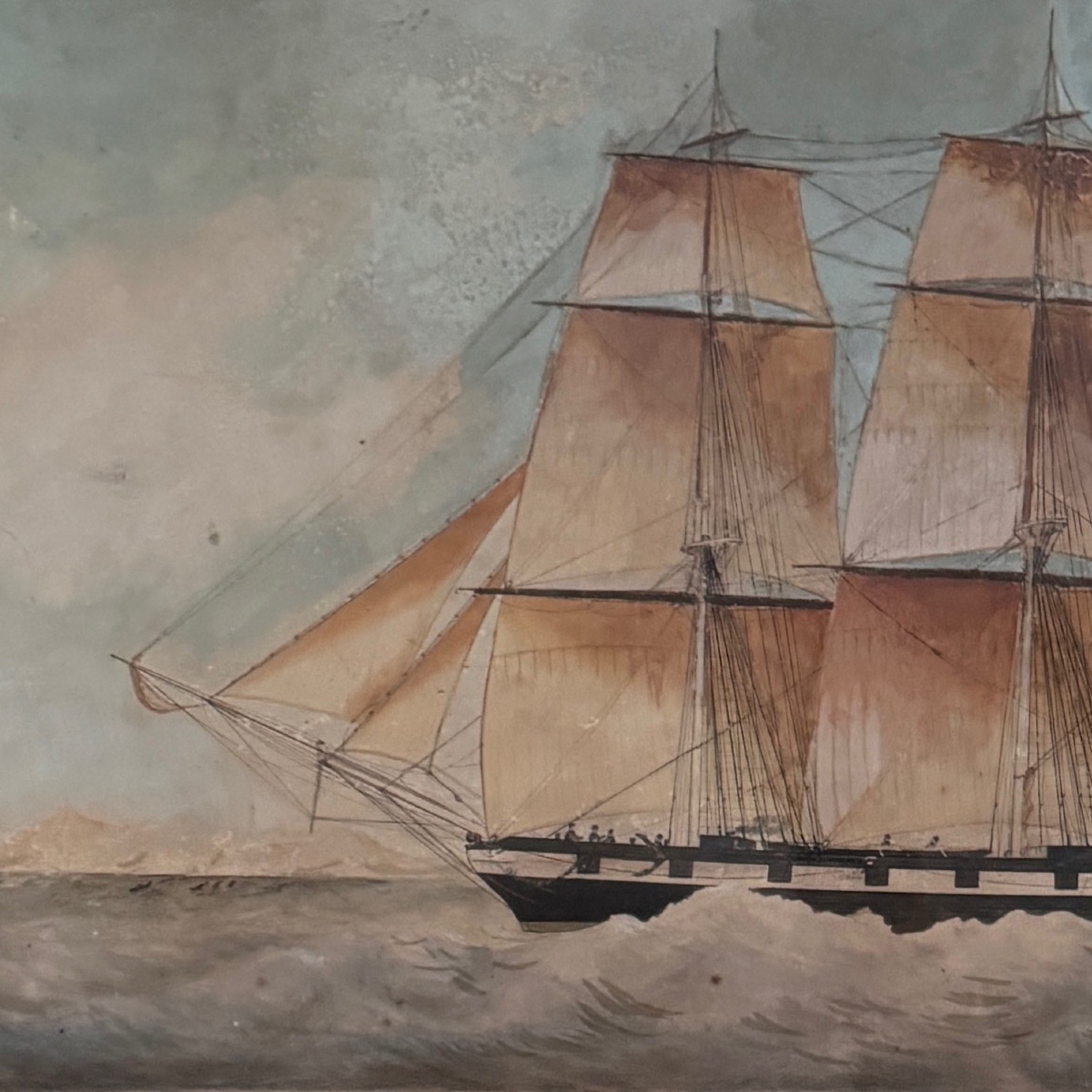 Aquarelle sur papier représentant un trois-mâts bateau français XIXe par Th. Cochard -photo-4