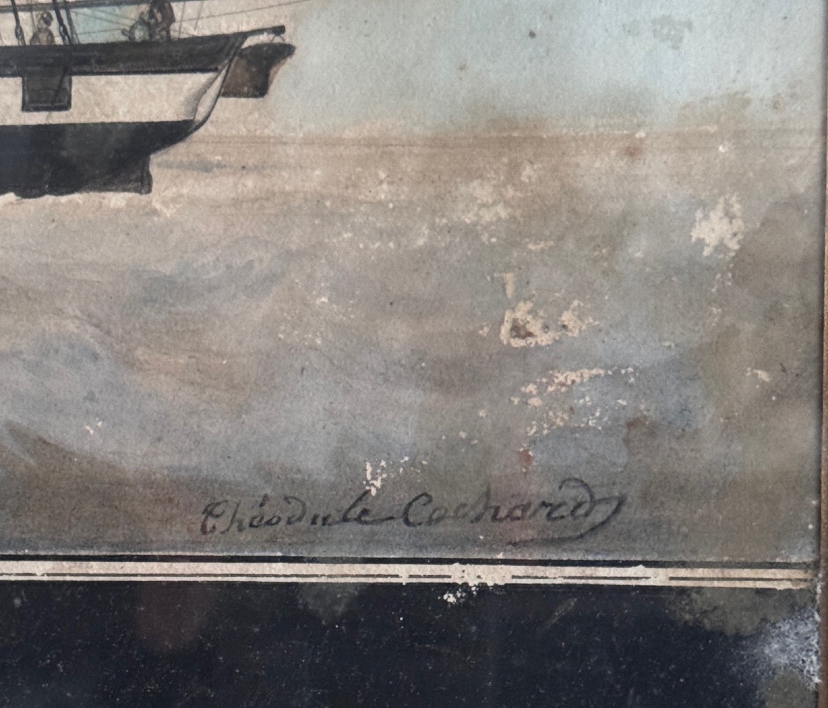 Aquarelle sur papier représentant un trois-mâts bateau français XIXe par Th. Cochard -photo-1