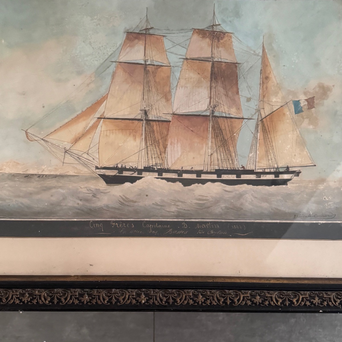 Aquarelle sur papier représentant un trois-mâts bateau français XIXe par Th. Cochard -photo-6