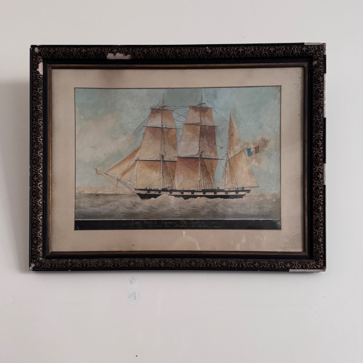 Aquarelle sur papier représentant un trois-mâts bateau français XIXe par Th. Cochard 
