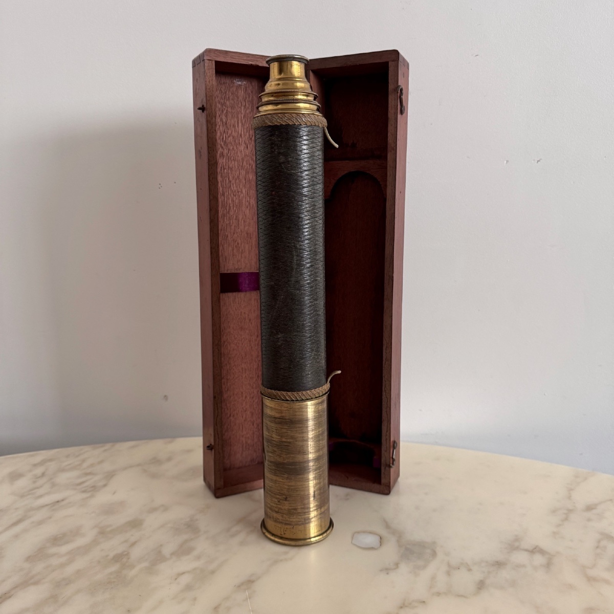 19th Century Marine Spyglass In Leather And Brass With Mahogany Case