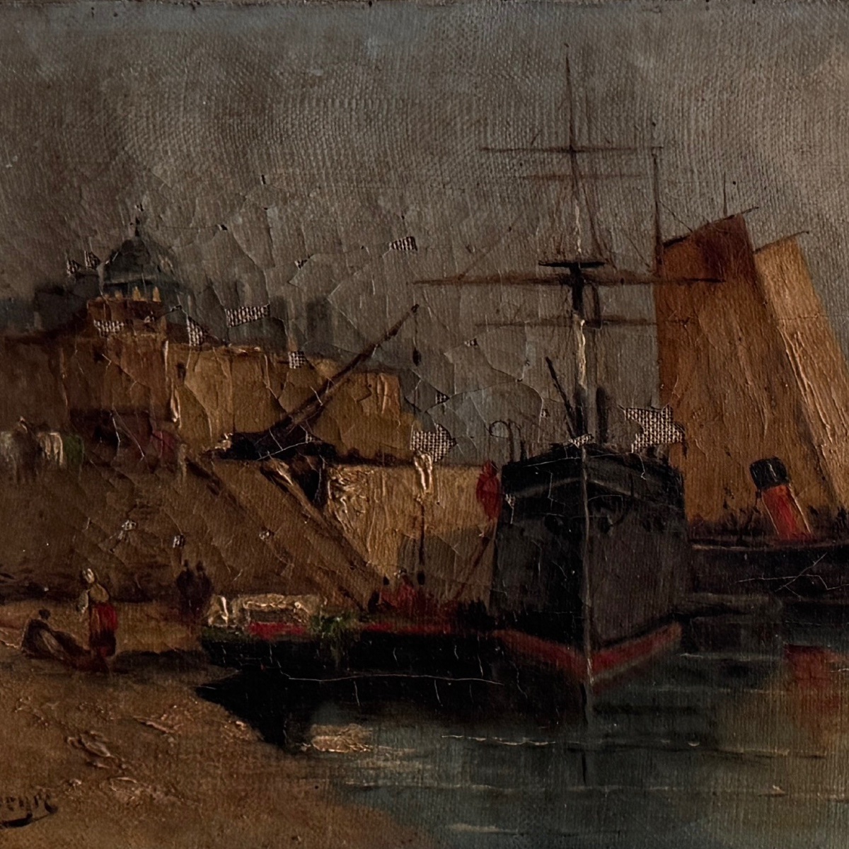 Huile sur toile représentant un bateau à quai fin XIXe par H. Hapeyre-photo-2