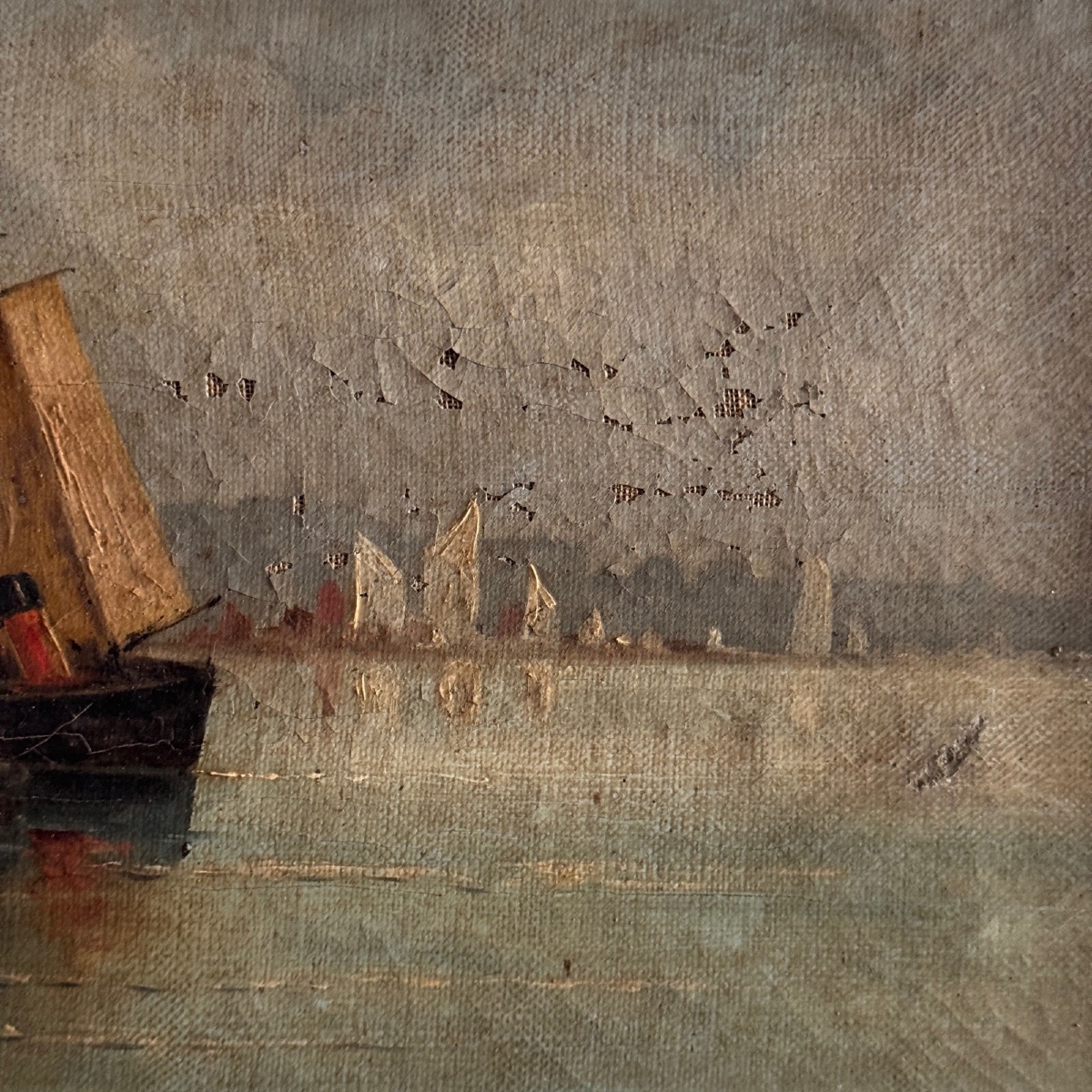 Huile sur toile représentant un bateau à quai fin XIXe par H. Hapeyre-photo-3