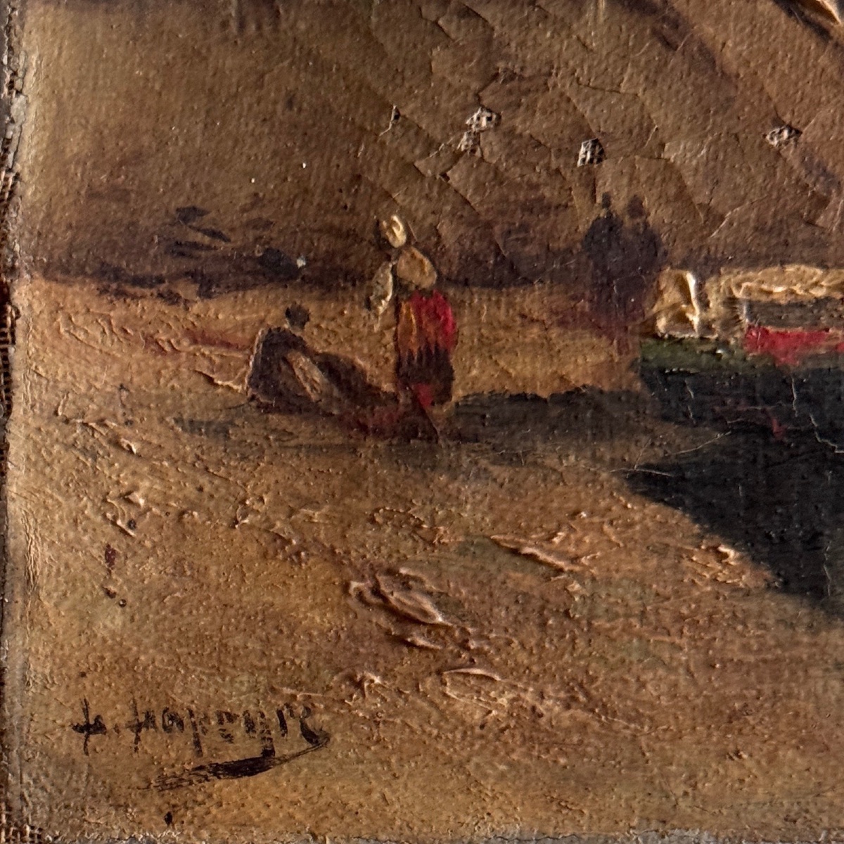 Huile sur toile représentant un bateau à quai fin XIXe par H. Hapeyre-photo-4