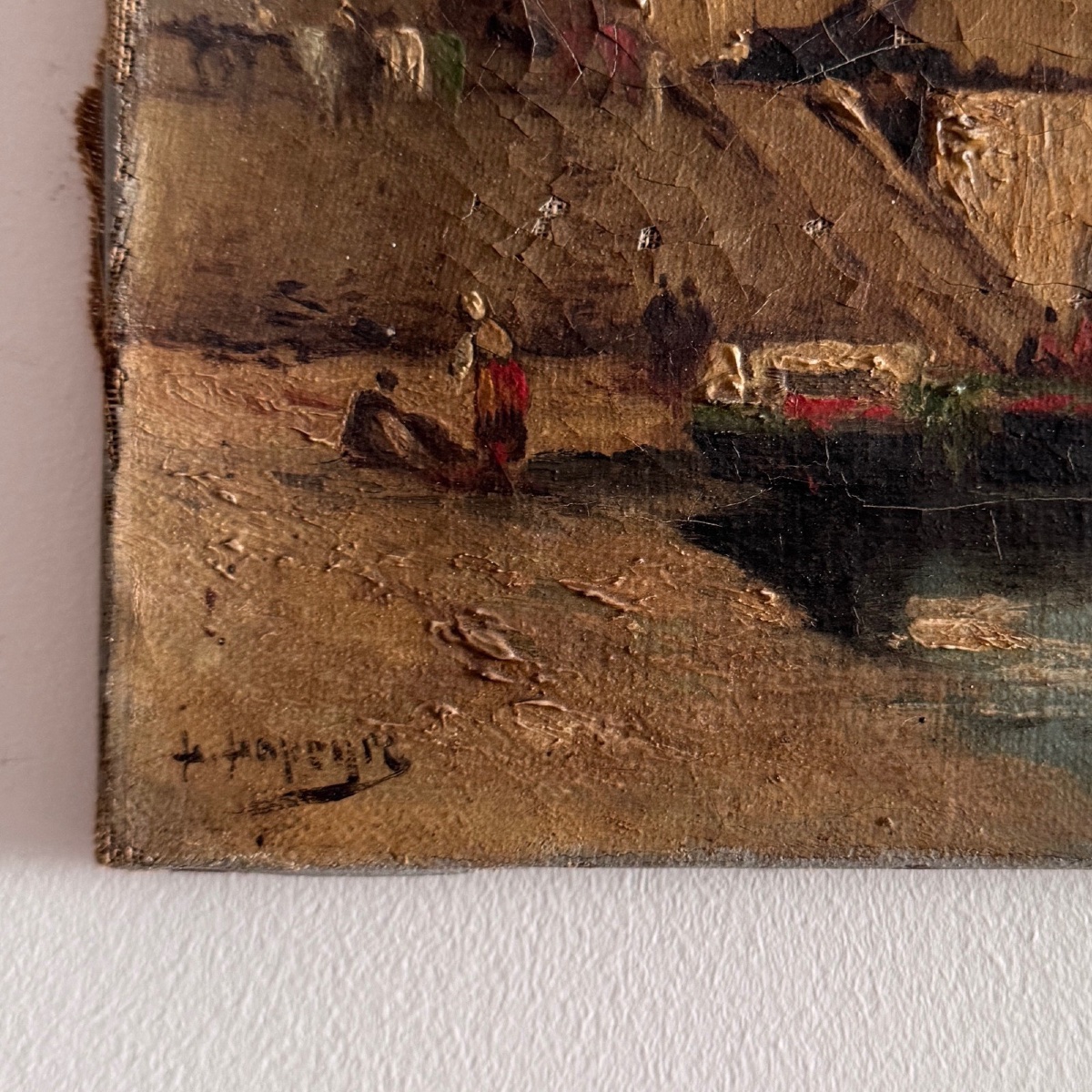 Huile sur toile représentant un bateau à quai fin XIXe par H. Hapeyre-photo-1