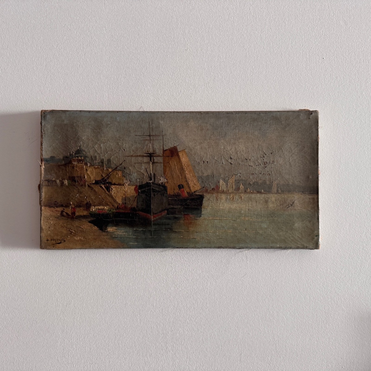 Huile sur toile représentant un bateau à quai fin XIXe par H. Hapeyre-photo-4