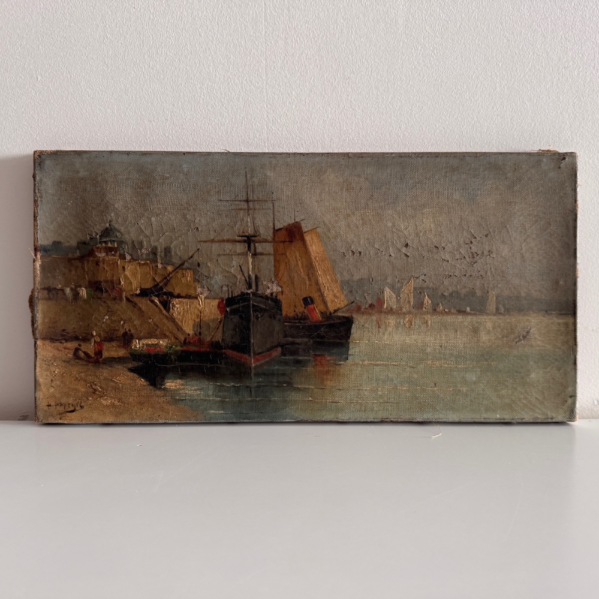 Huile sur toile représentant un bateau à quai fin XIXe par H. Hapeyre