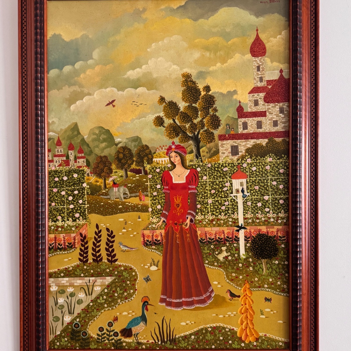 Huile sur panneau par Alain Thomas Jeune Fille dans un Jardin-photo-3