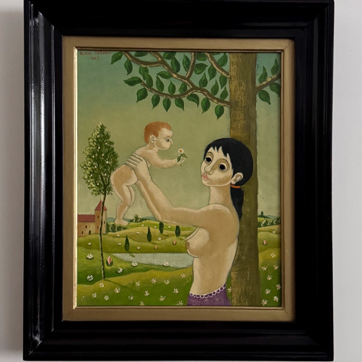 Huile sur panneau par Alain Thomas 1967 Jeune Mère -photo-3
