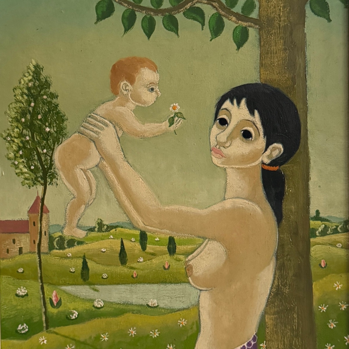 Huile sur panneau par Alain Thomas 1967 Jeune Mère -photo-4
