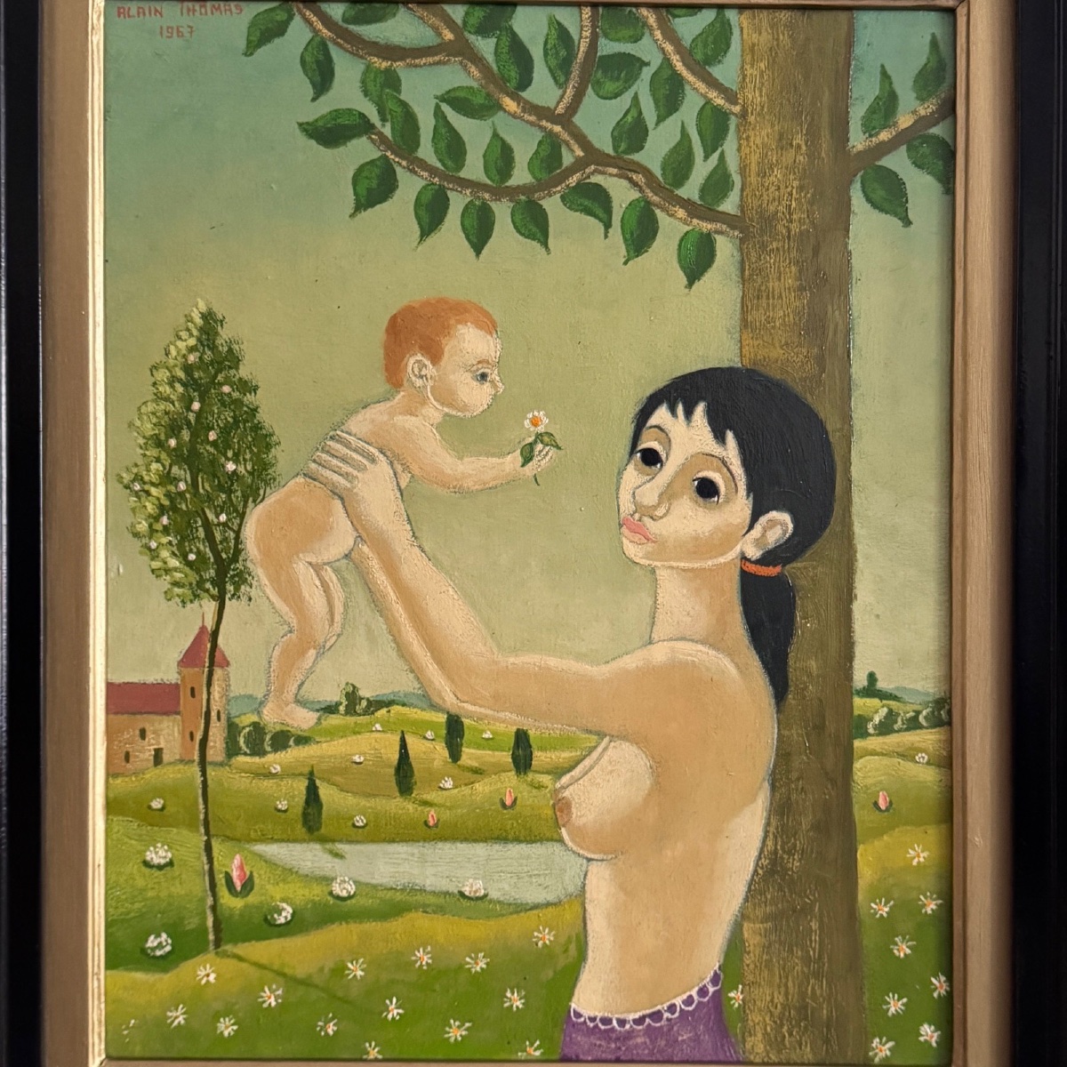 Huile sur panneau par Alain Thomas 1967 Jeune Mère -photo-3