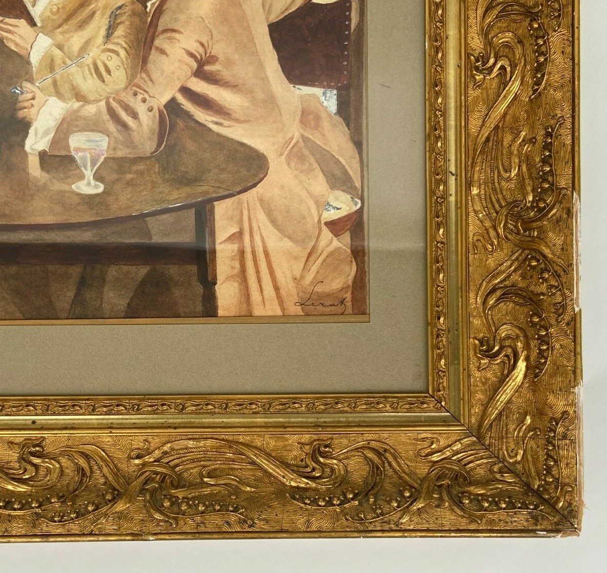 Aquarelle par Leray ou Lerat intérieur de taverne hommes du XVIIIe-photo-3