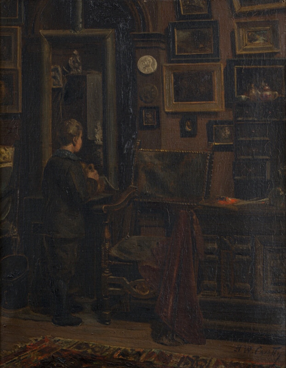 Oil On Canvas By Hw Cavatty Young Child In Front Of A 19th Century Portrait-photo-3