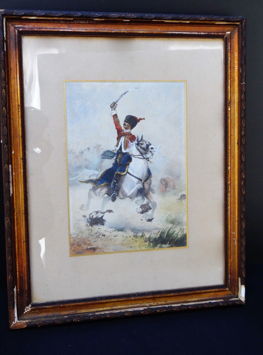 Watercolor Painting Of A Hussar From The War Of 1870 By Charles Gare, 1908-photo-2