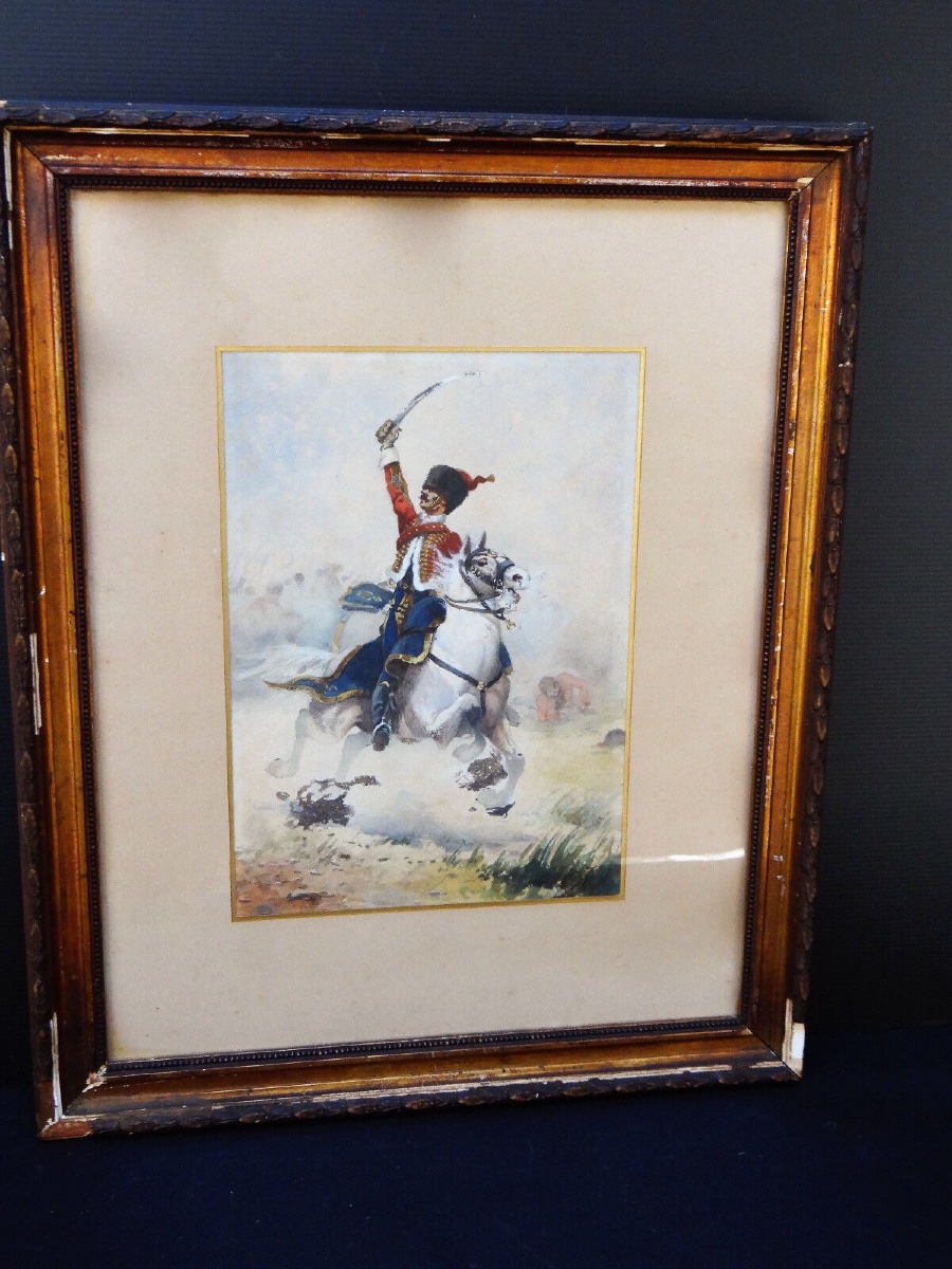 Watercolor Painting Of A Hussar From The War Of 1870 By Charles Gare, 1908-photo-3