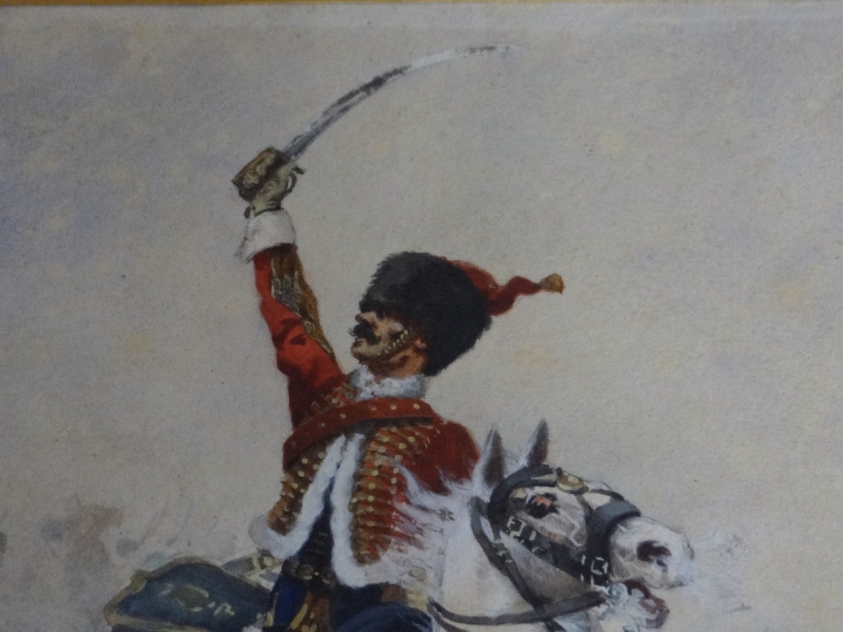 Watercolor Painting Of A Hussar From The War Of 1870 By Charles Gare, 1908-photo-3