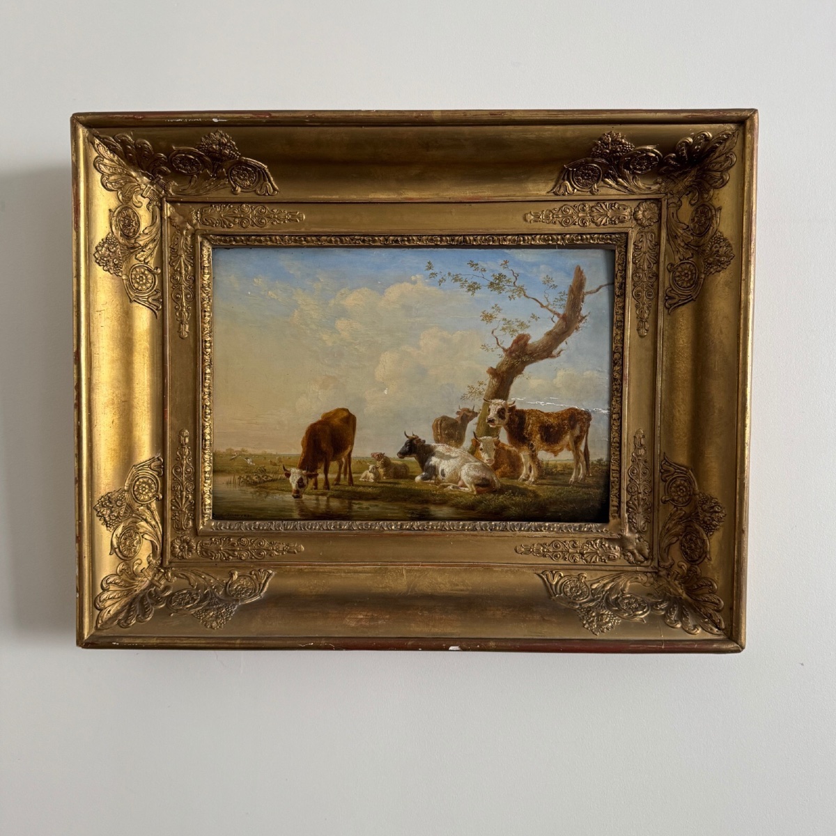 Oil On Panel Cows Drinking By Jean-baptiste Berré 1830-photo-2