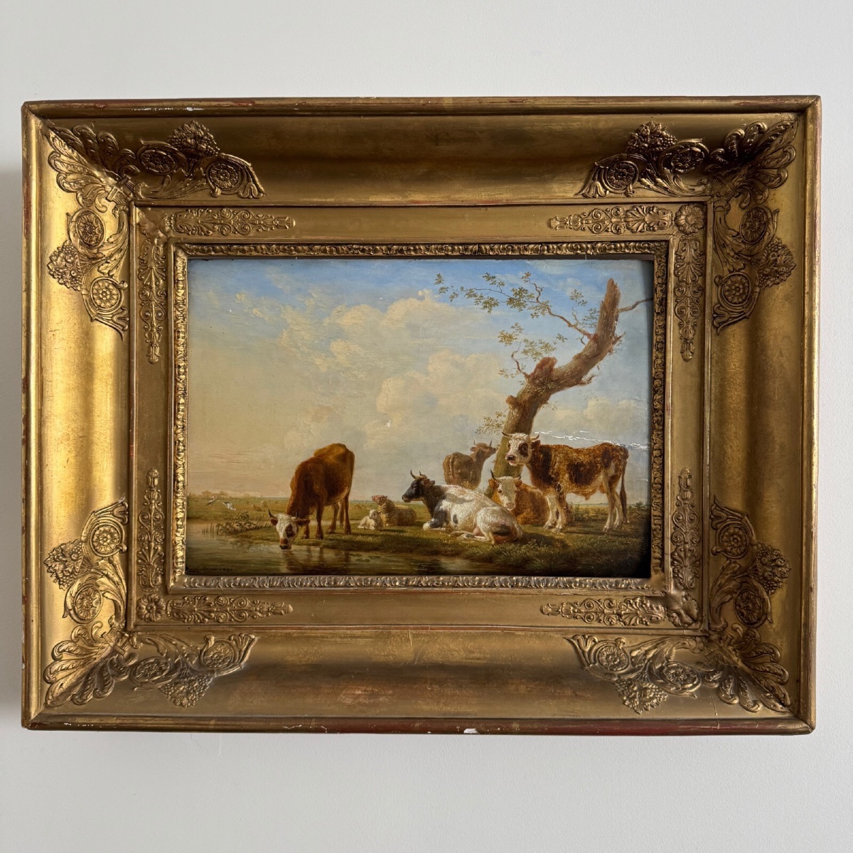 Oil On Panel Cows Drinking By Jean-baptiste Berré 1830-photo-3